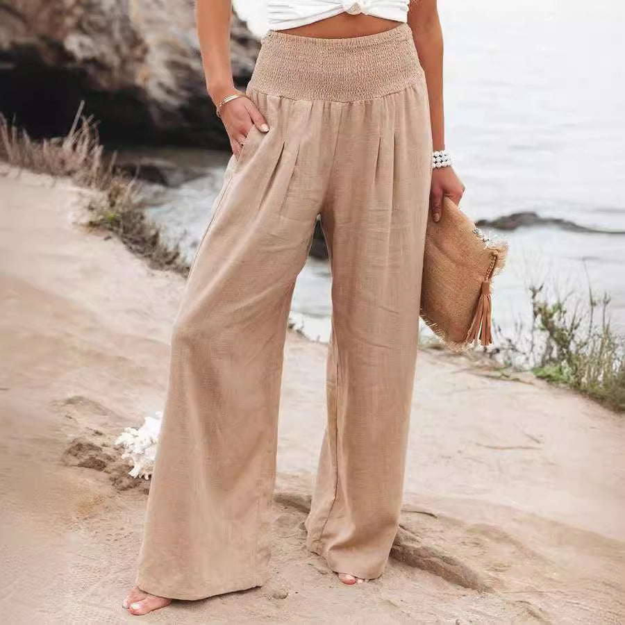 Women’s Wide Leg Pants – Breathable Blend – Relaxed Fit – Elastic Waist Full Length