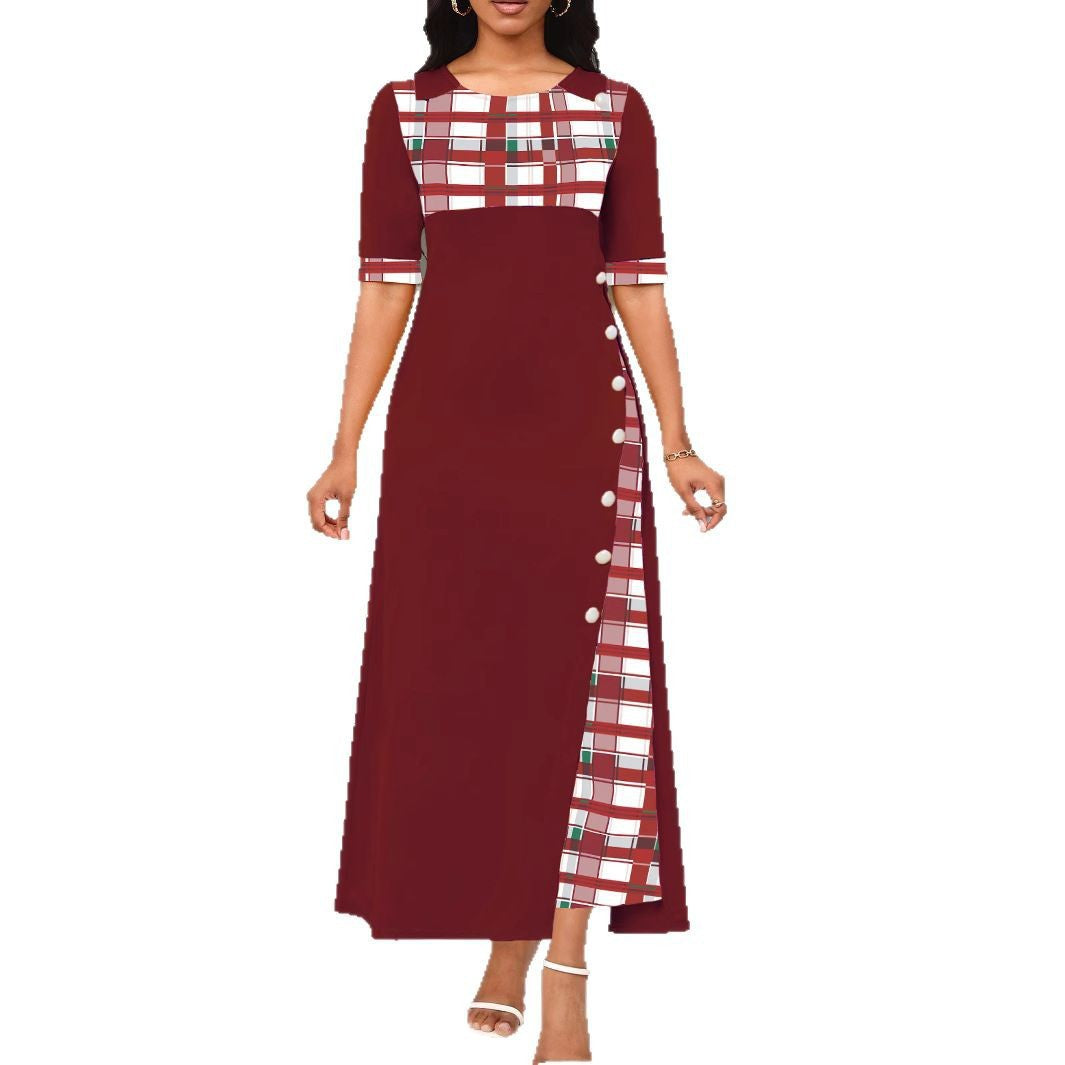 Women’s Maxi Dress – Tailored Fit – Mid Sleeve – Plaid Accent – Round Neck – Button Detail