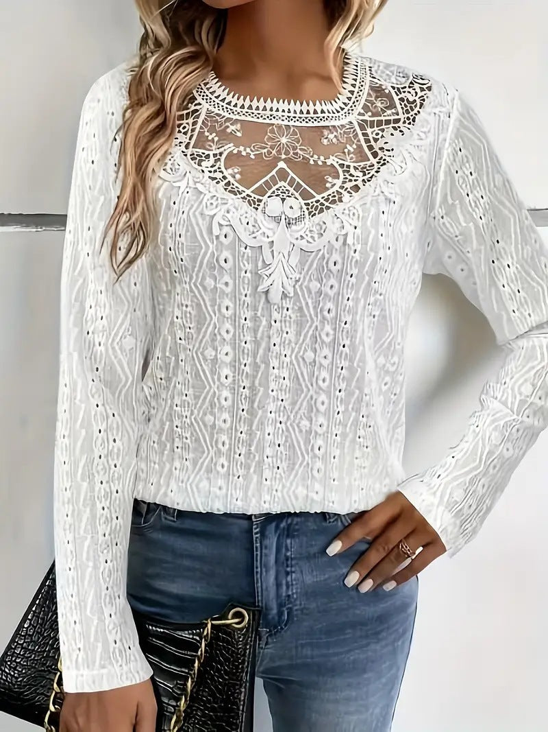 Women’s Long Sleeve T-Shirt – Slim Fit – Lace Hollow Detail – Sheer Fabric