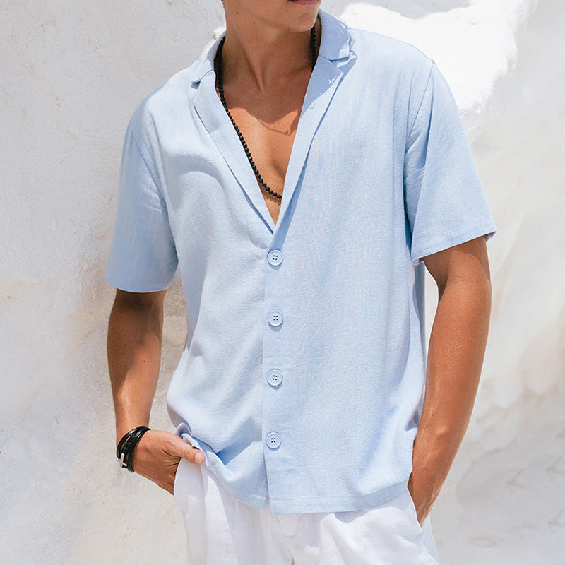 Men’s Casual Shirt – Relaxed Fit – Deep V-Neck – Notched Lapel – Breathable Blend
