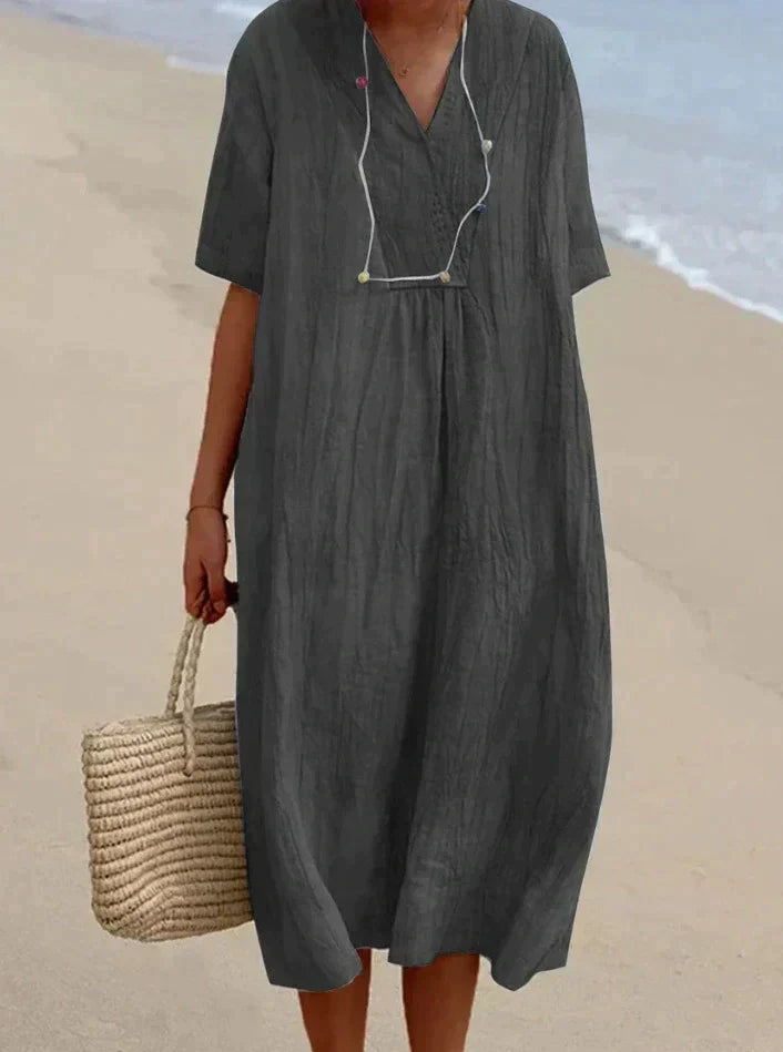 Women's Midi Dress - Loose Fit - V-Neck Short Sleeve - Lightweight Casual Wear