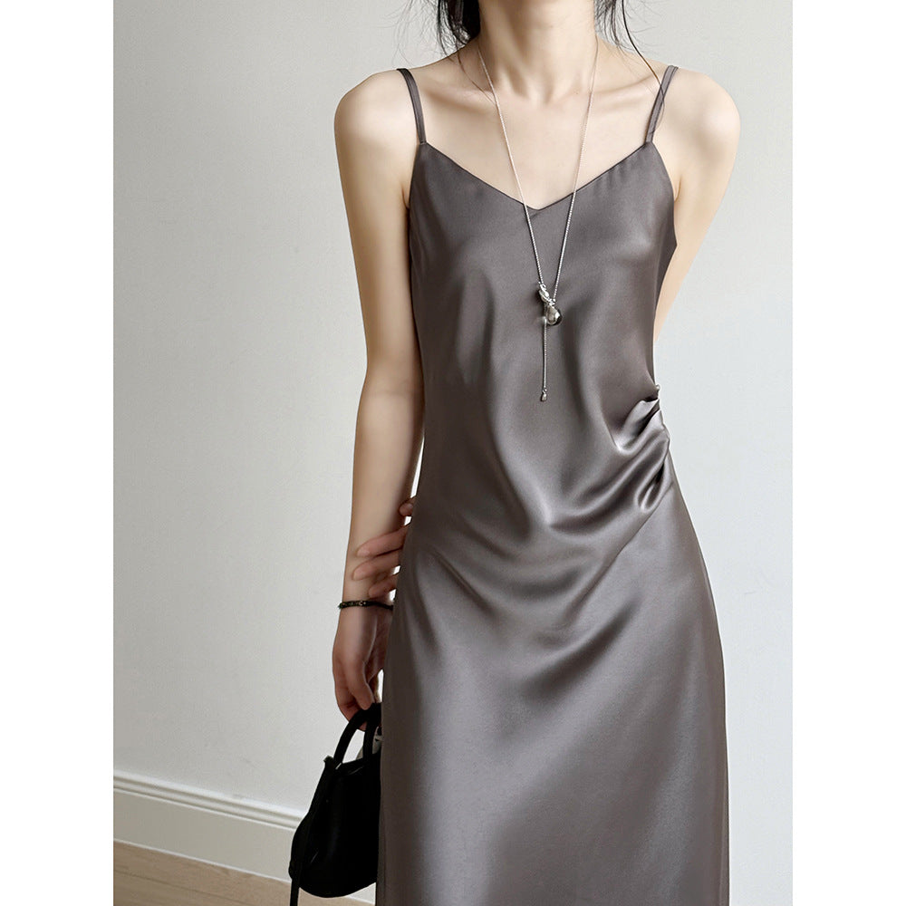 Women’s Camisole Dress – Satin Fabric – A-Line Fit – Draped Neck – Midi Length