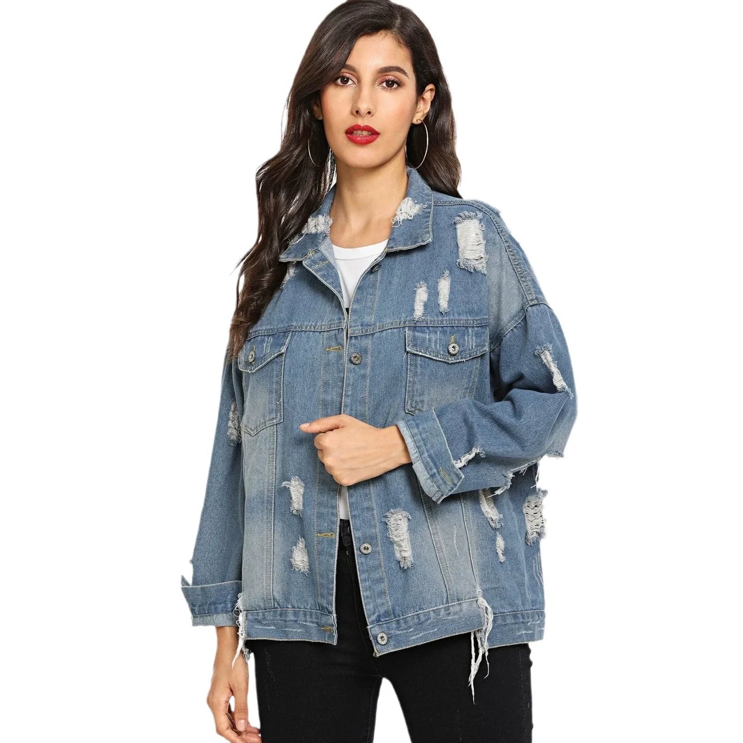 Women’s Denim Jacket – Loose Fit – Distressed Design – Button Front – Hip Length