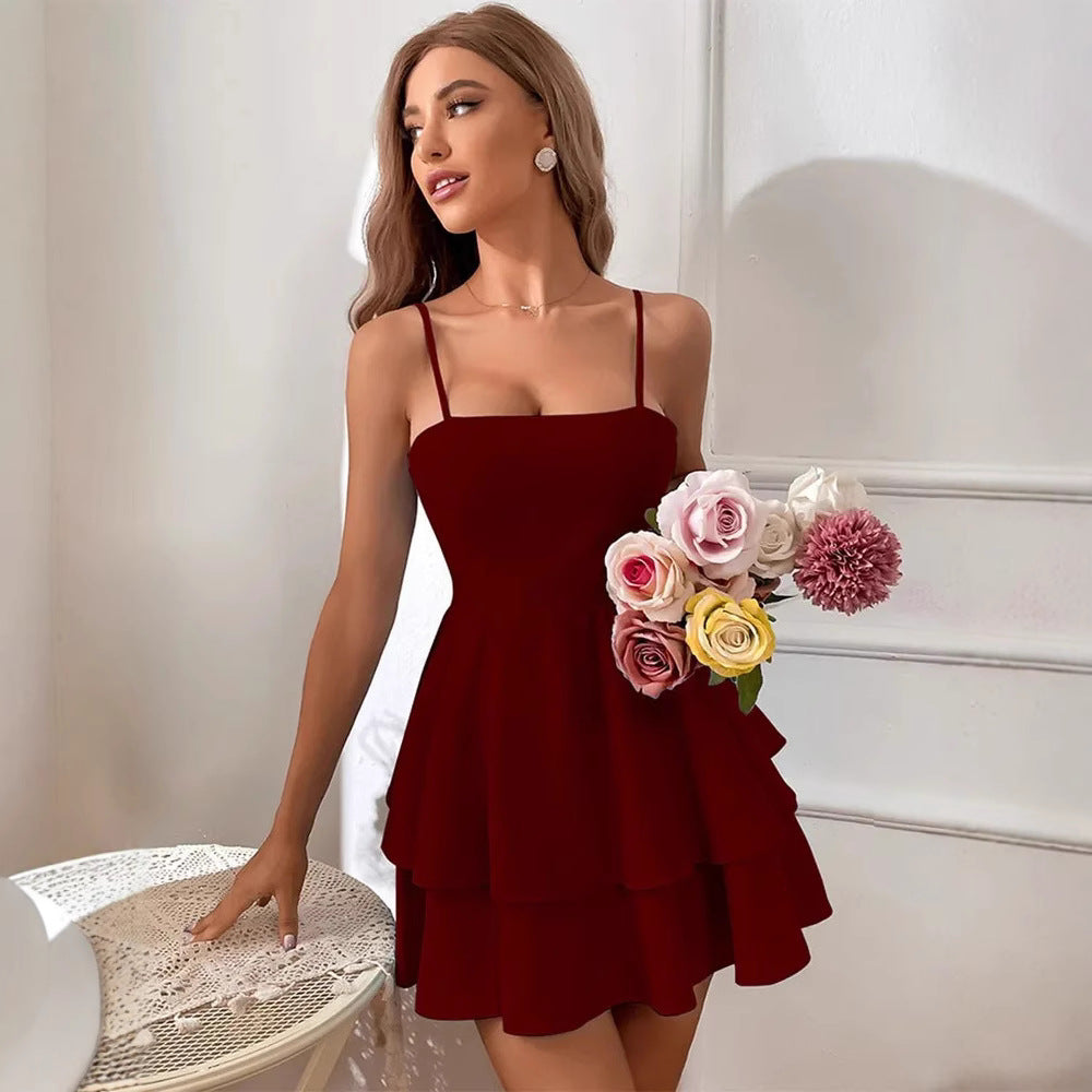 Women’s Mini Dress – A-Line Fit – Tiered Skirt – Spaghetti Straps – Open Back