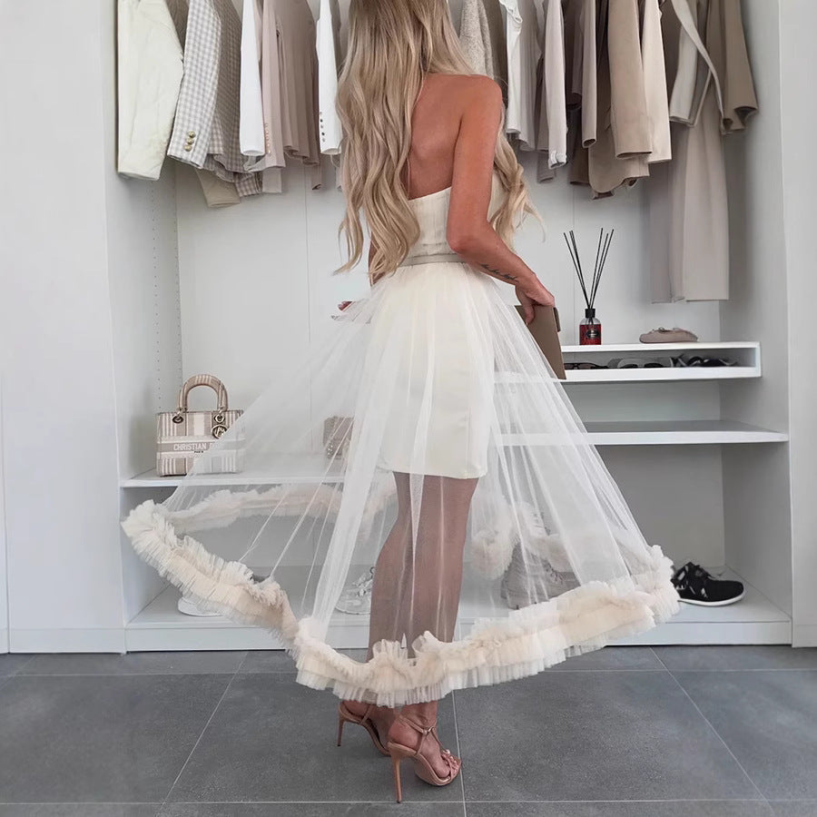Women’s Strapless Midi Dress – Tulle Overlay – A-Line Loose Fit – Ruffle Hem