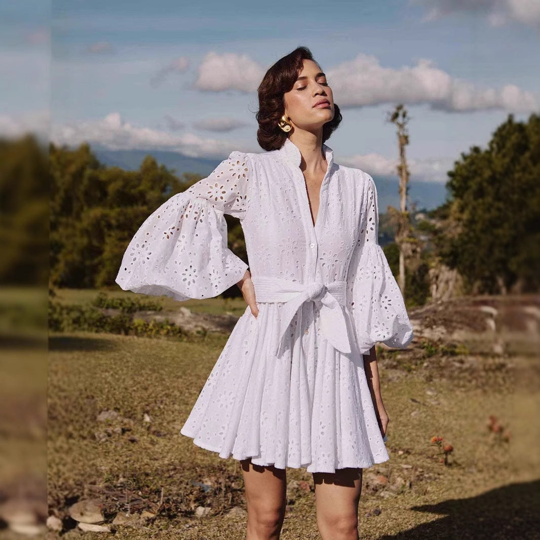 Women’s A-Line Dress – 100% Cotton – Eyelet Lace – Puff Sleeve – Tie Waist – Button Front