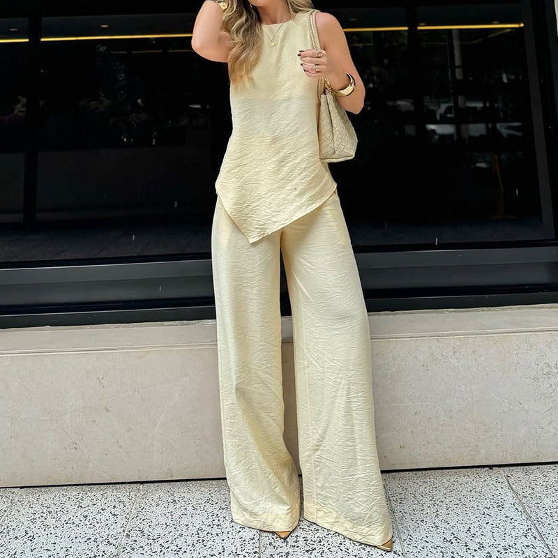 Women’s Two-Piece Set – Asymmetrical Hem Top – Wide-Leg Pants – Crinkled Texture