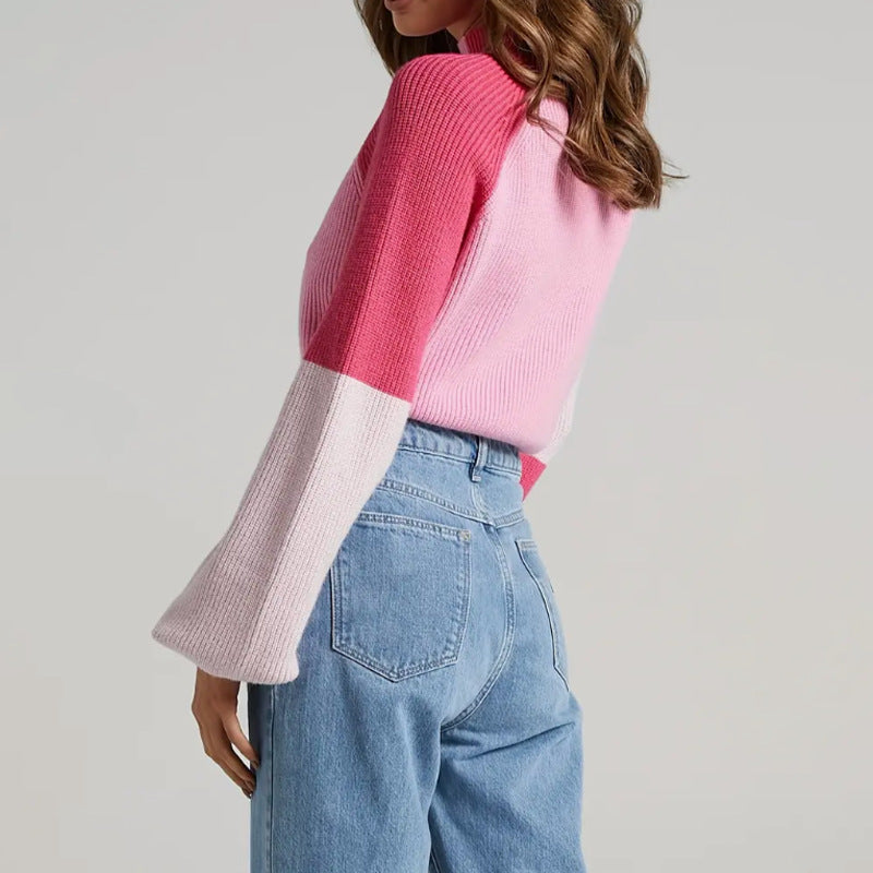 Women’s Pullover Sweater – Oversized Fit – Soft Knit Ribbed – Mock Neck – Cropped Length