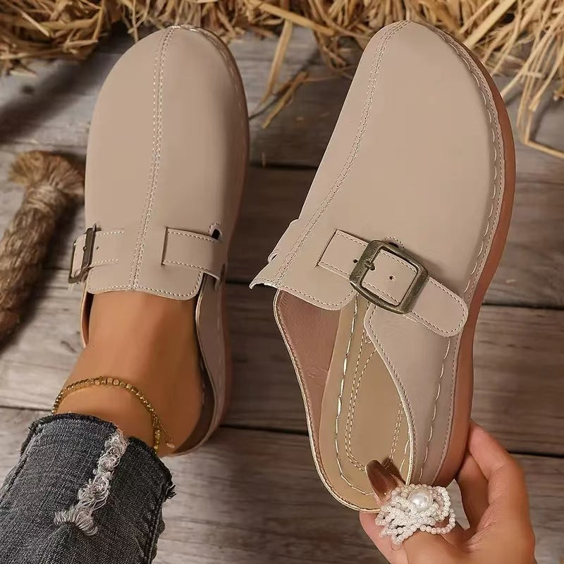 Women’s Wedge Mule Sandals – Closed Toe – Buckle Detail – Cushioned Footbed