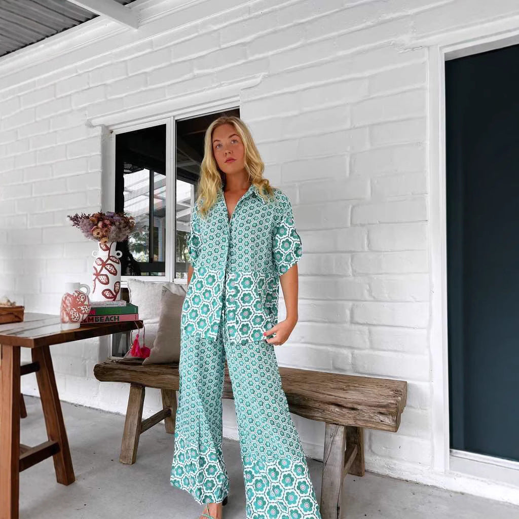 Women’s Shirt and Pants Set – Cotton Blend – Relaxed Fit – Geometric Print – Short Sleeve