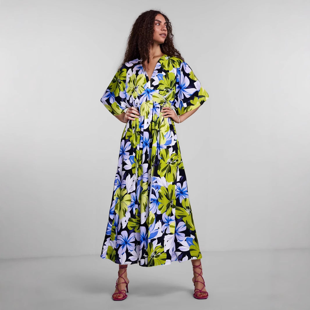 Women’s Maxi Dress – High Waist – V-Neck – Printed – Short Wide Sleeves – Slit Skirt