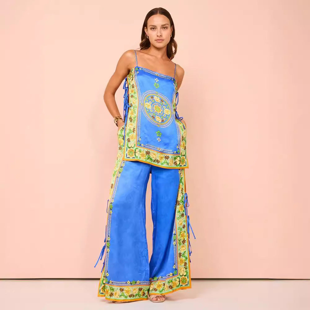 Women’s Camisole and Wide-Leg Pants Set – Satin Finish – Relaxed Fit – Ethnic Print