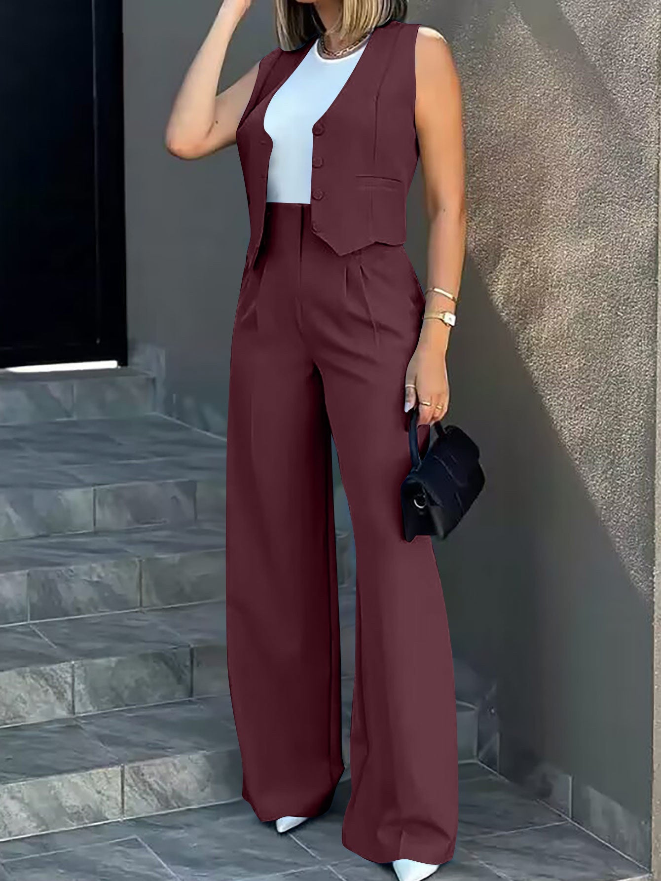 Women’s Two-Piece Set – Structured Fit – Cropped Vest – Button Front – Formal Style