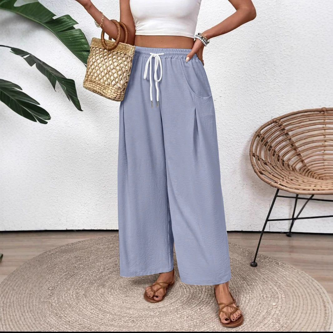 Women’s Wide-Leg Pants – Lightweight Cotton Blend – Drawstring Waist – Full Length