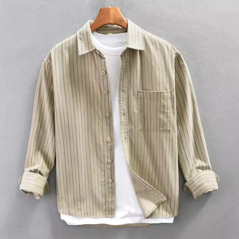 Men’s Long Sleeve Shirt – Relaxed Fit – Vertical Stripes – Lightweight Cotton Blend