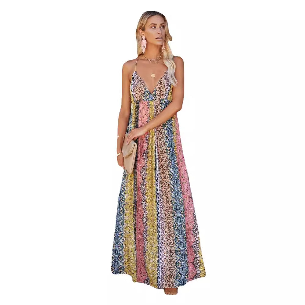 Women’s Maxi Dress – Lightweight Cotton Blend – Open Back – Flowy Fit – V-Neck Strap