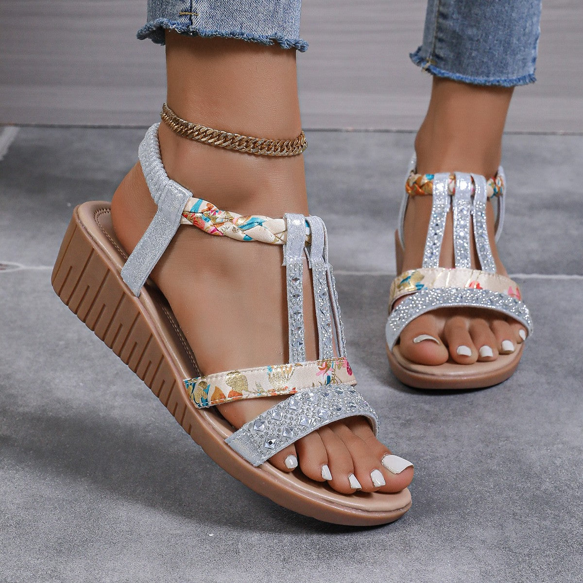 Women’s Wedge Sandals – Rhinestone T-Strap – Braided Floral Ankle – Boho Style