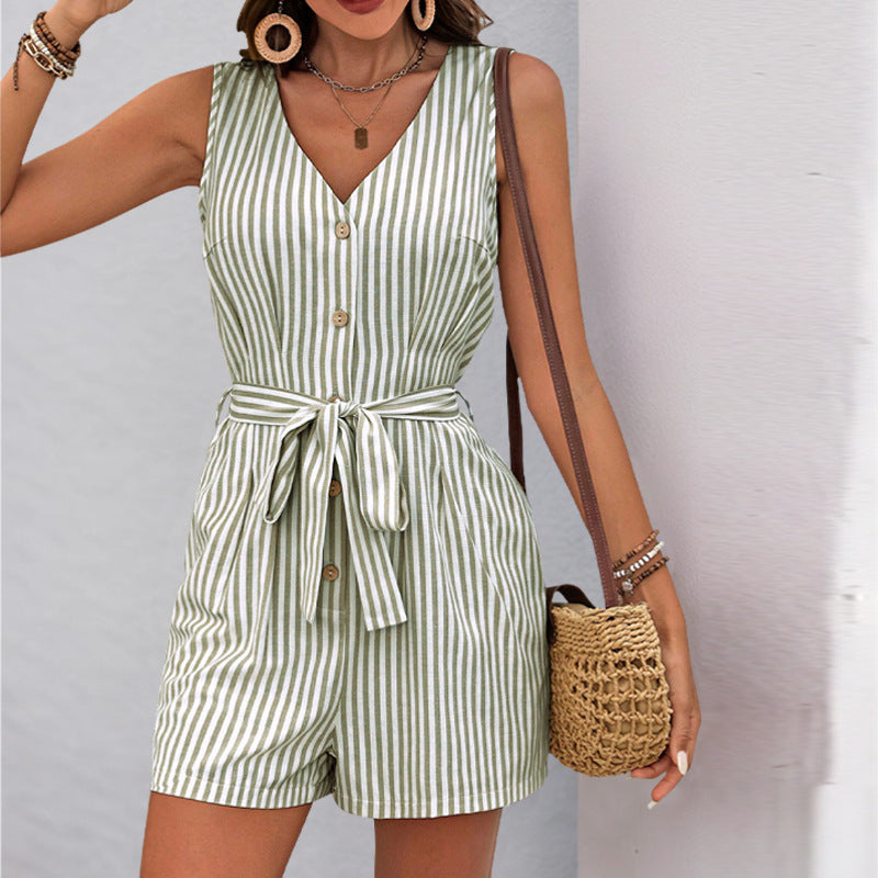 Women’s Sleeveless Romper – V-Neck – Vertical Stripes – Belted Waist – Lightweight Fit
