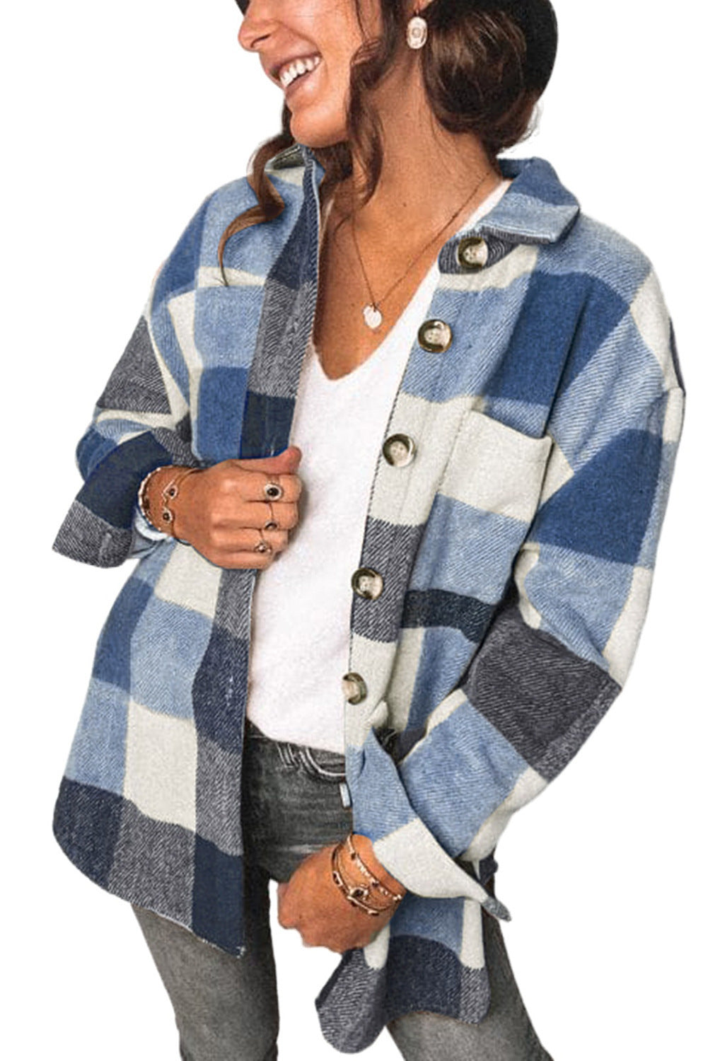 Women's Casual Plaid Button-Up Oversized Jacket