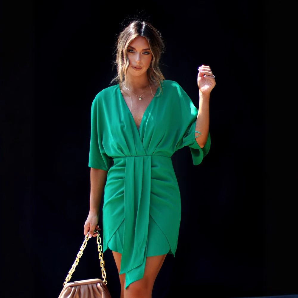 Women’s Skater Dress – V-Neck – Draped Waist – Asymmetrical Hem – Soft Breathable Fit