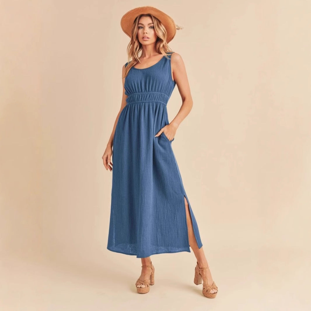Women’s A-Line Dress – Sleeveless – Midi Length – Elastic Waist – Side Slit – Relaxed Fit