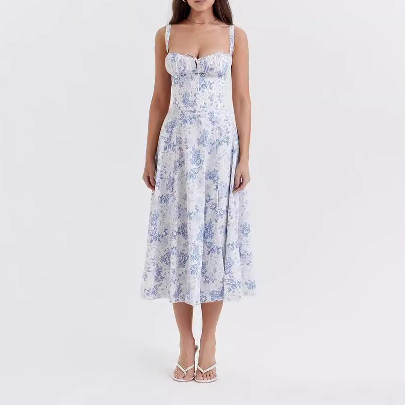 Women’s Midi Dress – Sleeveless – Tie Front – Floral Print – High Slit – Cotton Blend