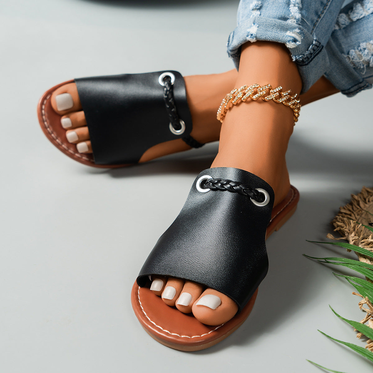 Women’s Flat Sandals – Braided Strap – Cushioned Footbed – Slip-On Open Toe