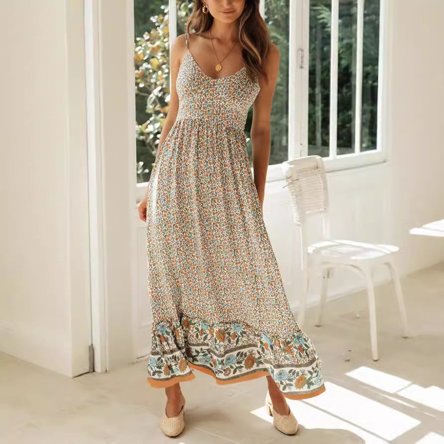 Women’s Maxi Dress – Boho Fit – Floral Print – V-Neck – Strappy – Breathable Cotton
