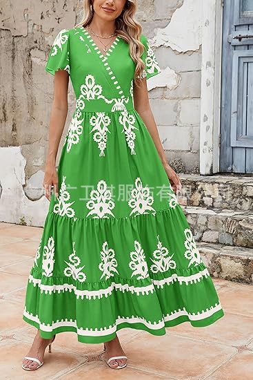 Women’s Maxi Dress – Bohemian Style – Tiered A-Line – V-Neck – Floral Print – Short Sleeve