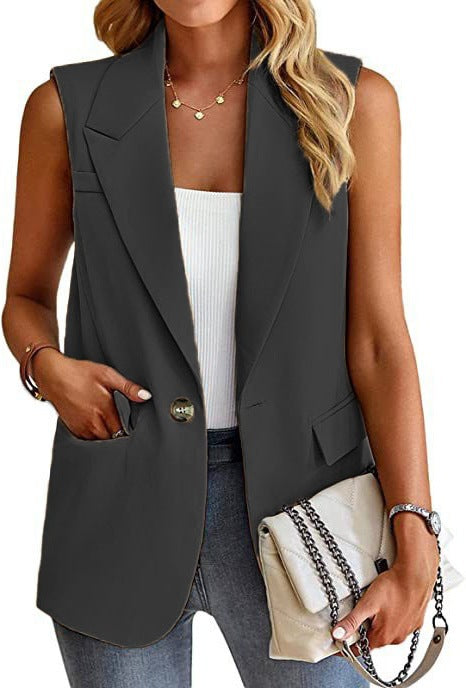 Women’s Blazer Vest – Tailored Fit – Sleeveless – Notched Lapel – Hip Length