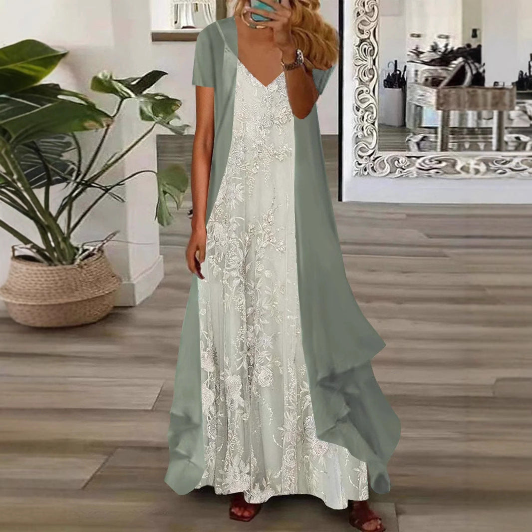 Women’s Two-Piece Set – Flowy Fit – Sheer Overlay – Embroidered Floral – V-Neckline