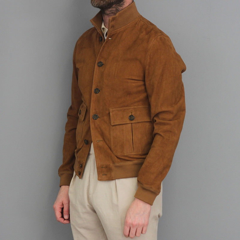 Men’s Suede Jacket – Slim Fit – Stand Collar – Button Front – Ribbed Cuffs – Flap Pockets
