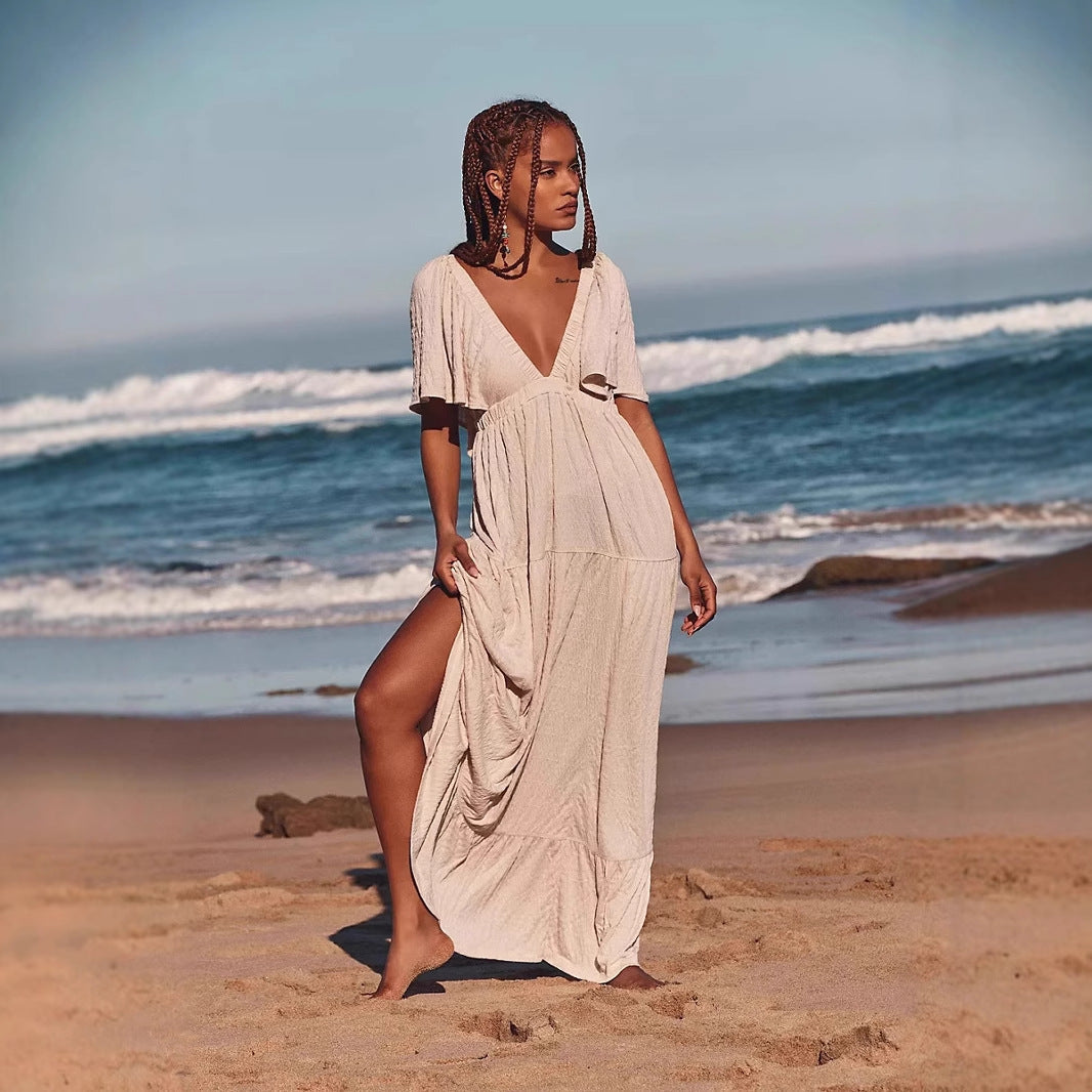 Women’s Maxi Dress – Lightweight Flowy Fit – V-Neck – Open Back – Tiered with Slit