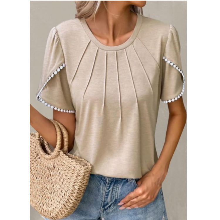Women’s T-Shirt – Relaxed Fit – Soft Knit – Ruffled Sleeves – Pleated Front