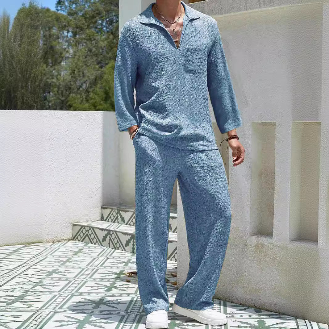Men’s Lounge Set – Relaxed Fit – Textured Soft Fabric – Long Sleeve Shirt & Pants