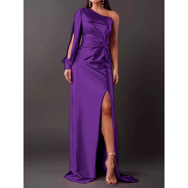 Women’s Maxi Dress – Satin – One Shoulder – Slim Fit – Ruched Waist – High Slit – Long Sleeve