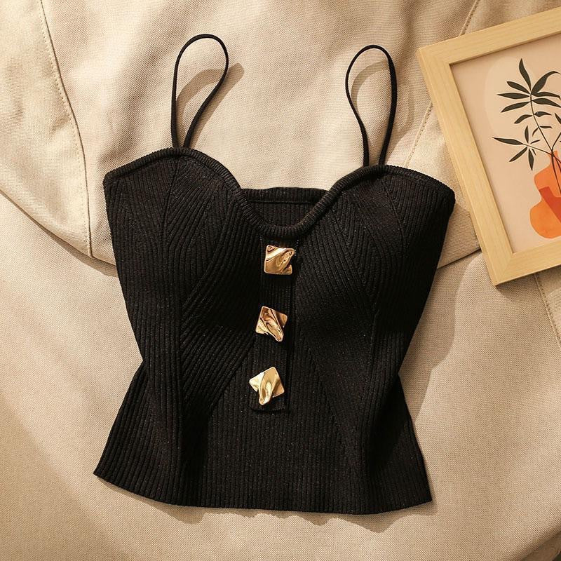 Women’s Crop Camisole – Slim Fit – Ribbed Knit – Spaghetti Straps – Gold Button Detail