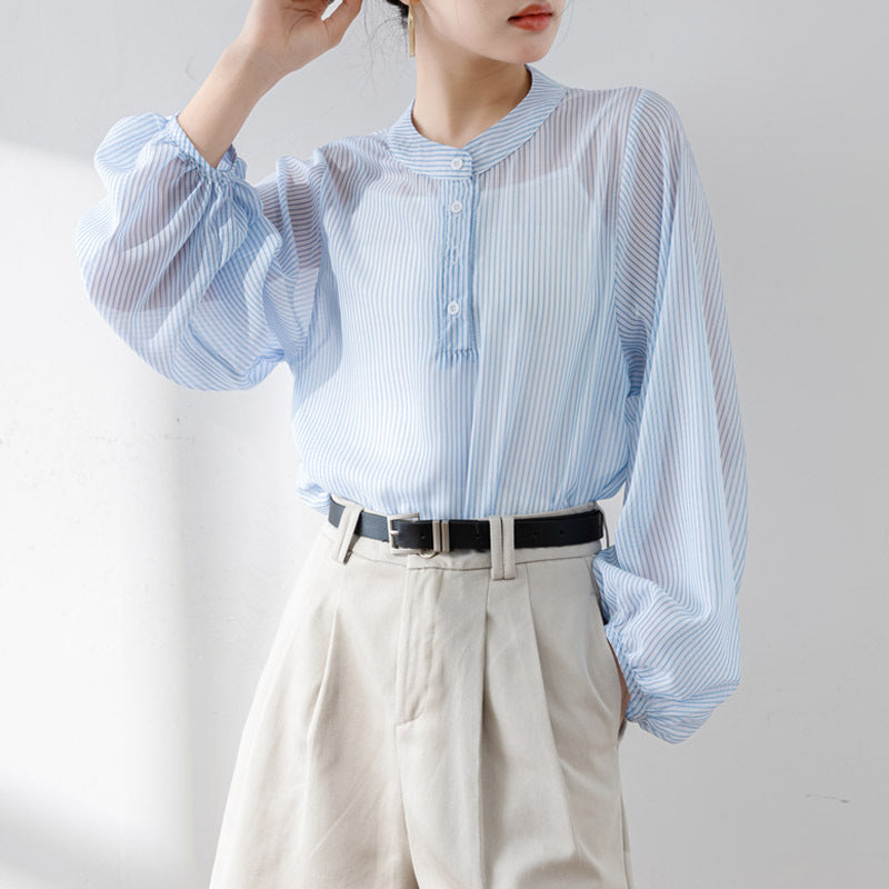Women’s Blouse – Sheer Lightweight Fabric – Relaxed Fit – Long Puff Sleeve – Stand Collar