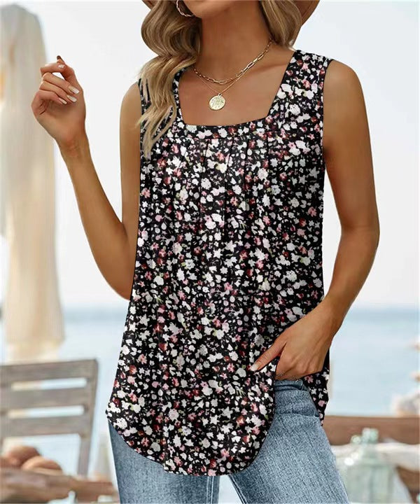 Women’s Sleeveless Vest – Square Neck – Floral Print – Relaxed Fit – Breathable Blend
