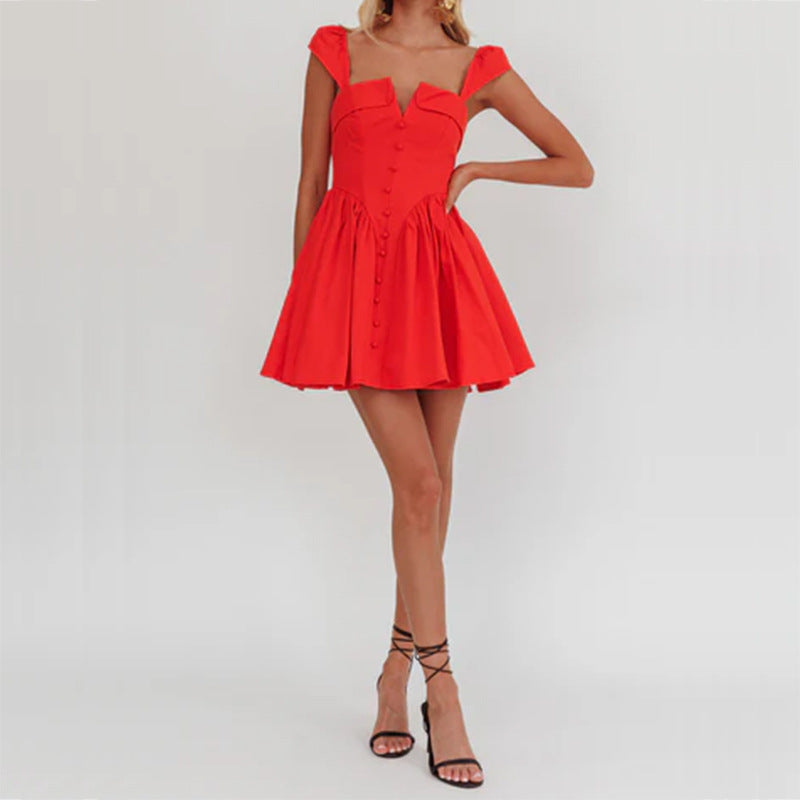 Women’s Sleeveless Mini Dress – Cotton Blend – Square Neck – Fitted Pleated Skirt