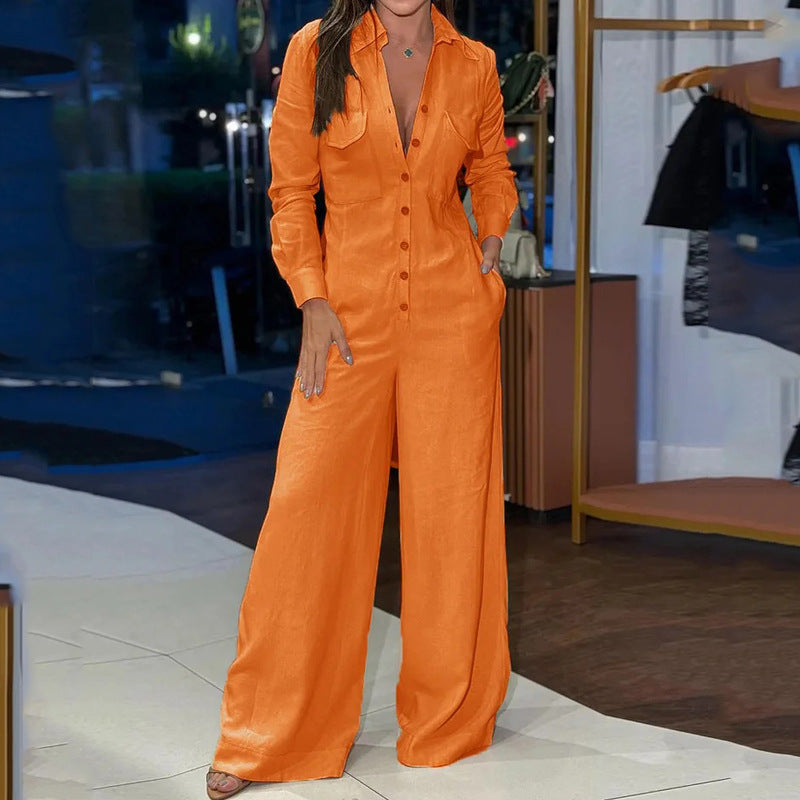 Women’s Jumpsuit – Cotton Blend – Wide Leg – Button Front – Shirt Collar – Long Sleeve
