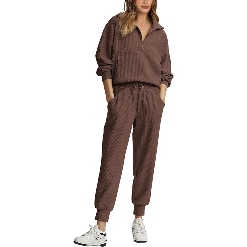 Women’s Tracksuit Set – Relaxed Fit – Half Zip Top – Drawstring Pants
