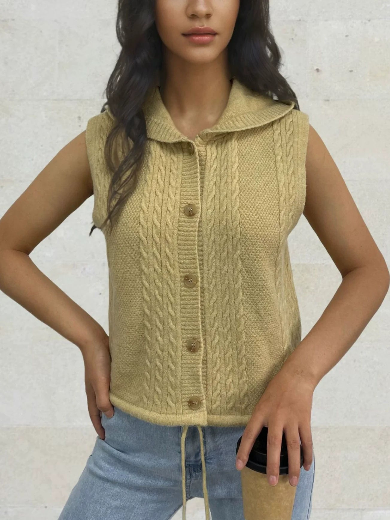 Women’s Hooded Vest – Cable Knit – Button Front – Soft Cotton Texture – Casual Fit