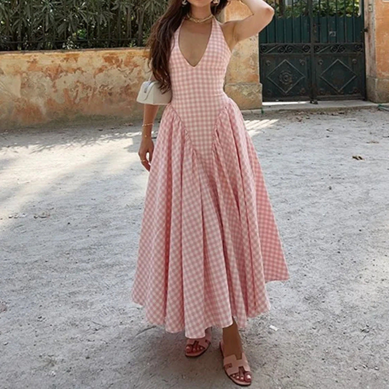 Women’s Halter Neck Dress – Cotton Blend – Slim Fit – A-Line Pleated Maxi Skirt