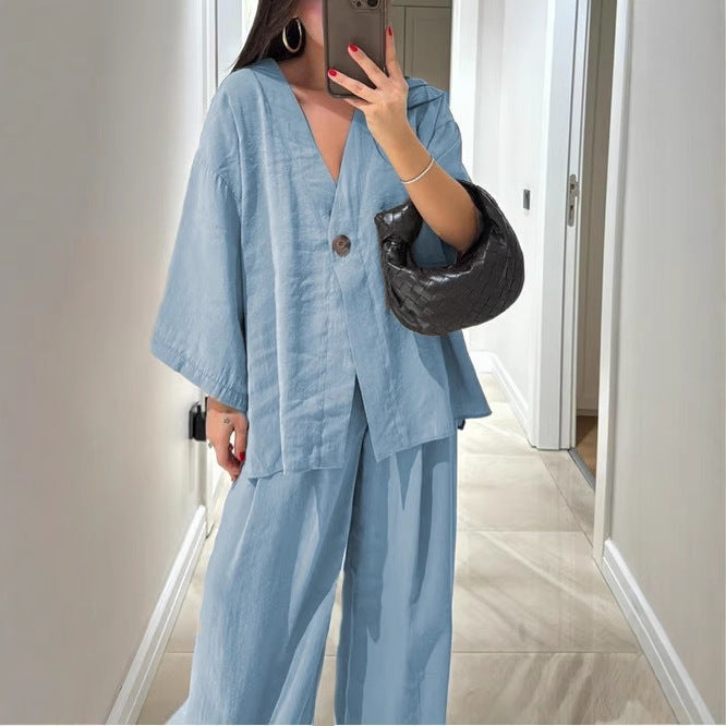 Women’s Two-Piece Suit Set – V-Neck Relaxed Fit Top – High-Waisted Wide-Leg Pants