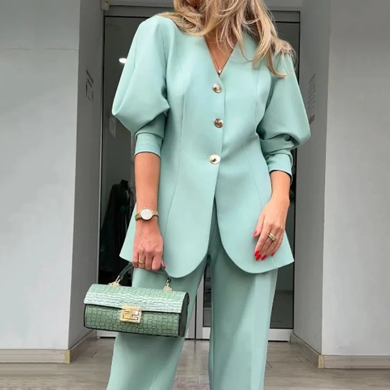 Women’s Suit Set – Loose Fit – Lantern Sleeve – Structured Formal Silhouette