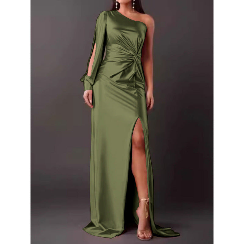 Women’s Maxi Dress – Satin – One Shoulder – Slim Fit – Ruched Waist – High Slit – Long Sleeve