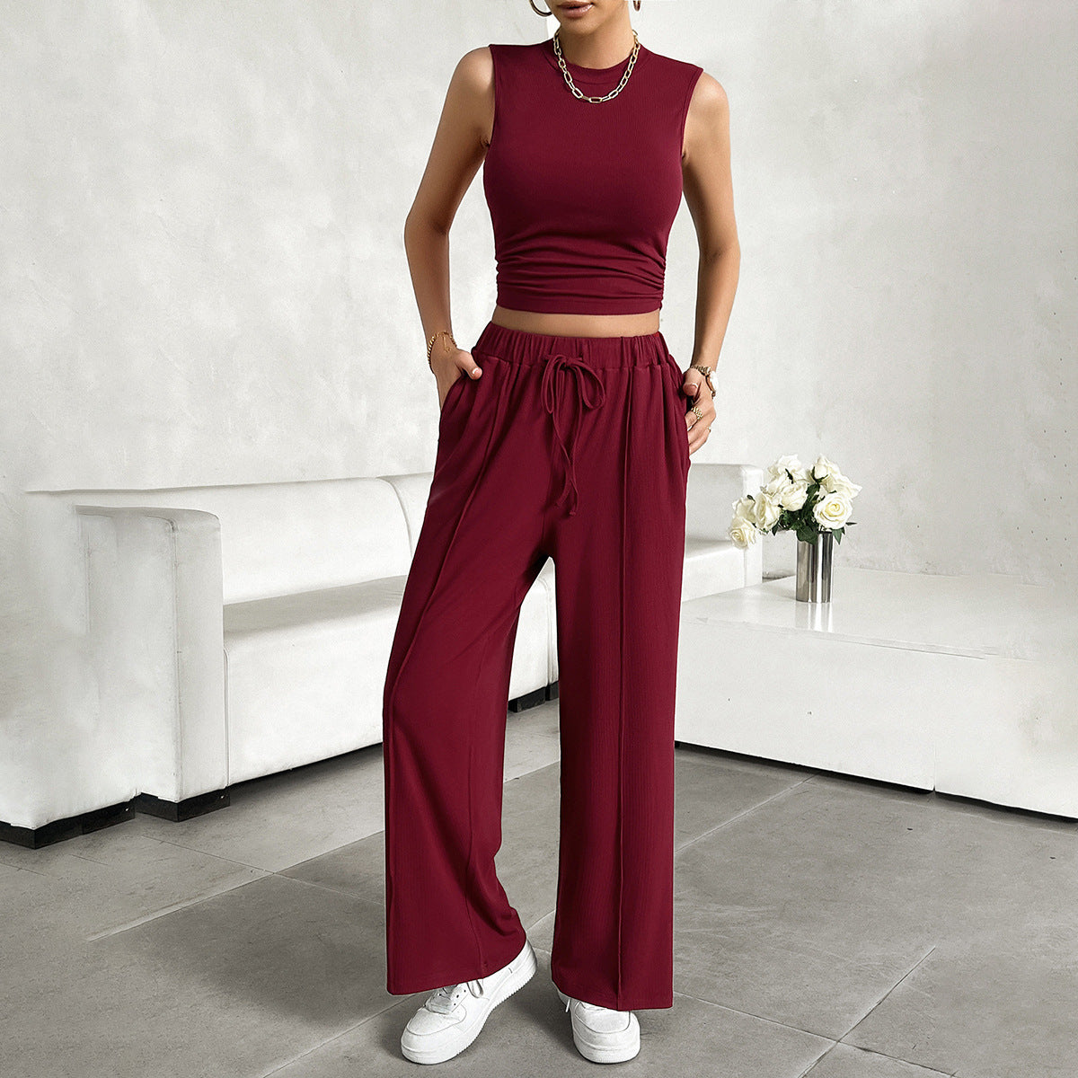 Women’s 2-Piece Set – Sleeveless Crop Top – Wide-Leg Pants – Lightweight Cotton Blend