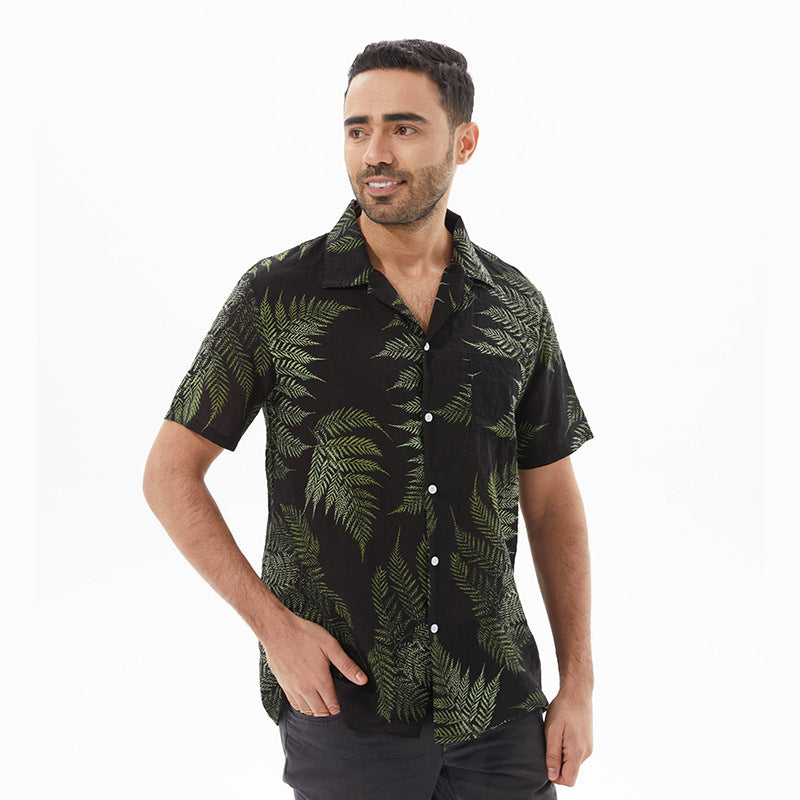 Men’s Short Sleeve Shirt – Relaxed Fit – Leaf Print – Button Up – Lightweight Breathable