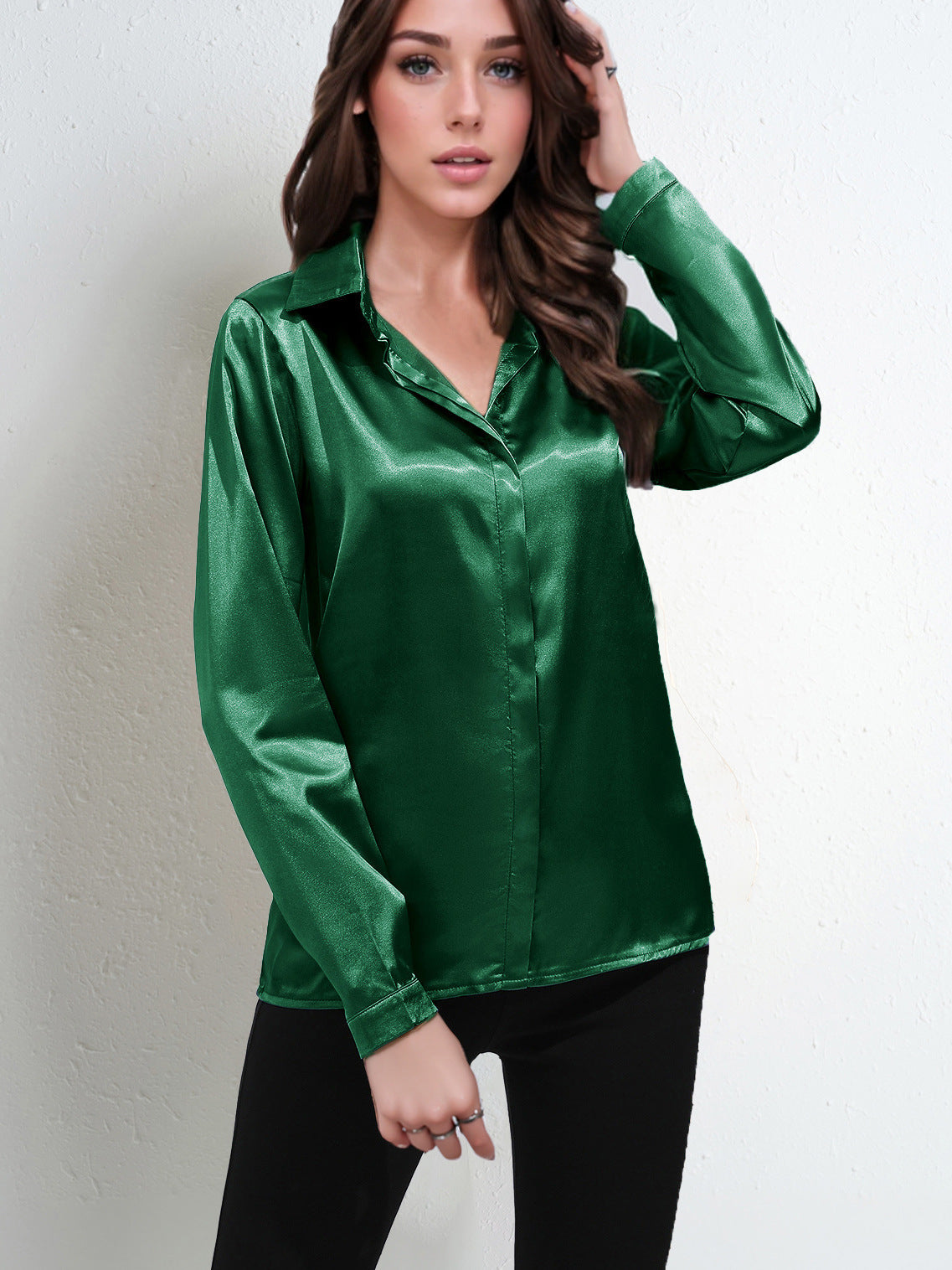 Women’s Blouse – Satin Finish – Relaxed Fit – Long Sleeve V-Neck Button-Down